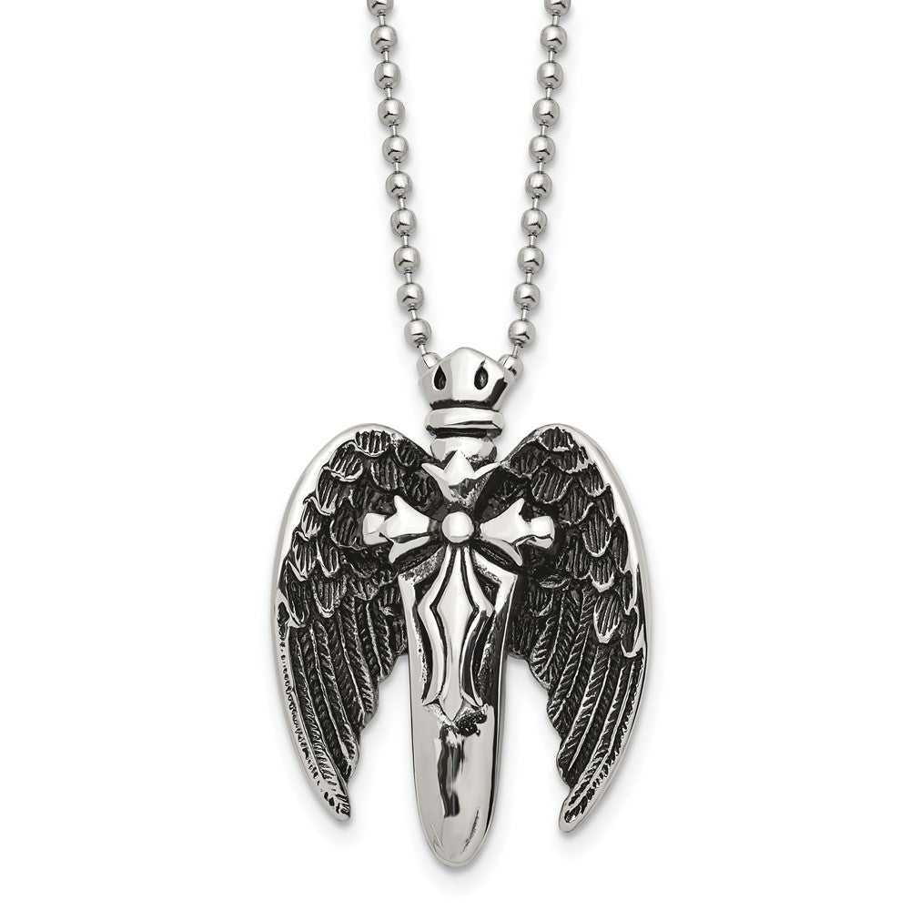 Men's Stainless Steel Antiqued Winged Sword Necklace, 22 Inch, Item N23268 by The Black Bow Jewelry Co.