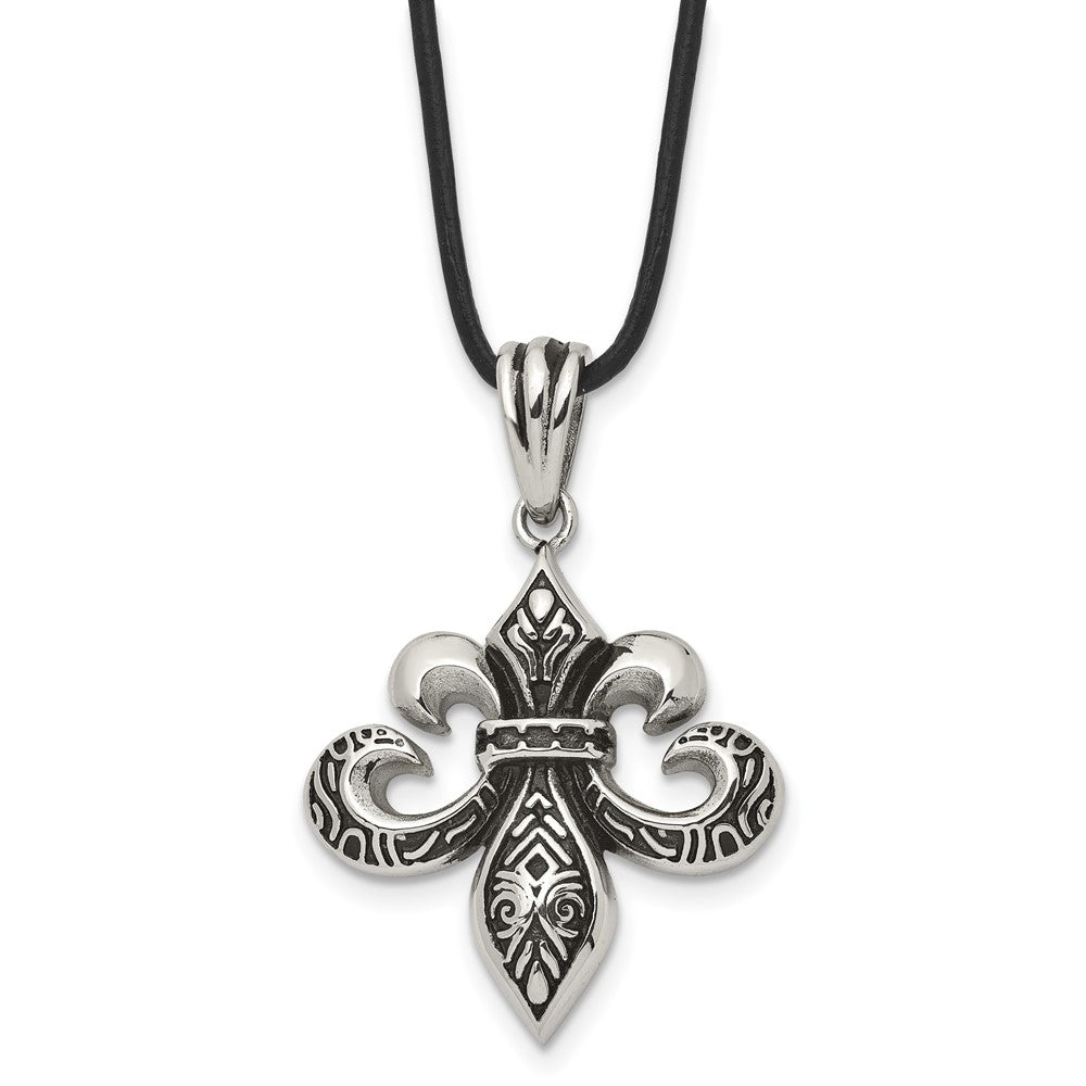Stainless Steel &amp; Leather Cord Antiqued Fleur de lis Necklace, 20 Inch, Item N23280 by The Black Bow Jewelry Co.