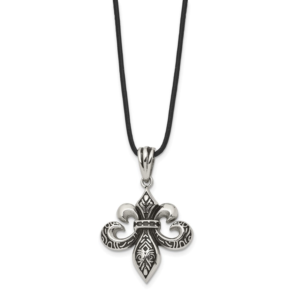 Alternate view of the Stainless Steel &amp; Leather Cord Antiqued Fleur de lis Necklace, 20 Inch by The Black Bow Jewelry Co.