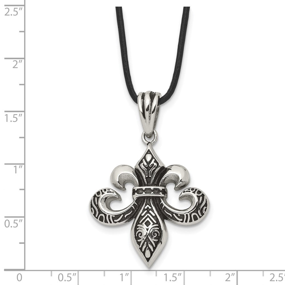 Alternate view of the Stainless Steel &amp; Leather Cord Antiqued Fleur de lis Necklace, 20 Inch by The Black Bow Jewelry Co.