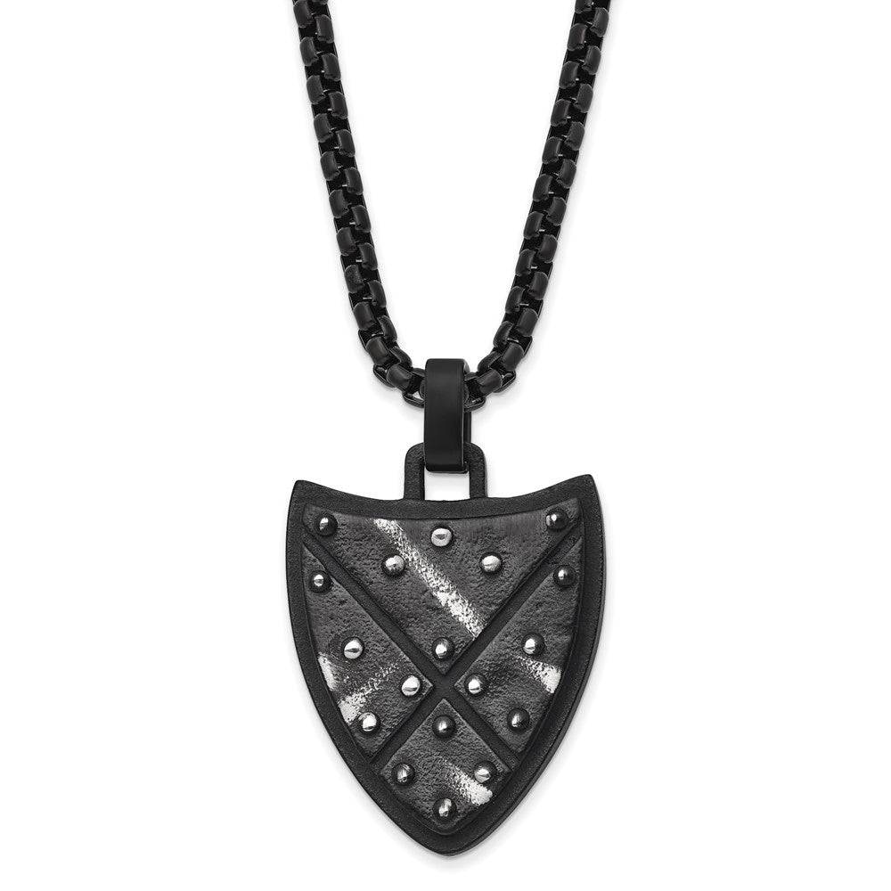 Black Plated Stainless Steel Antiqued &amp; Brushed Shield Necklace, 24 In, Item N23289 by The Black Bow Jewelry Co.