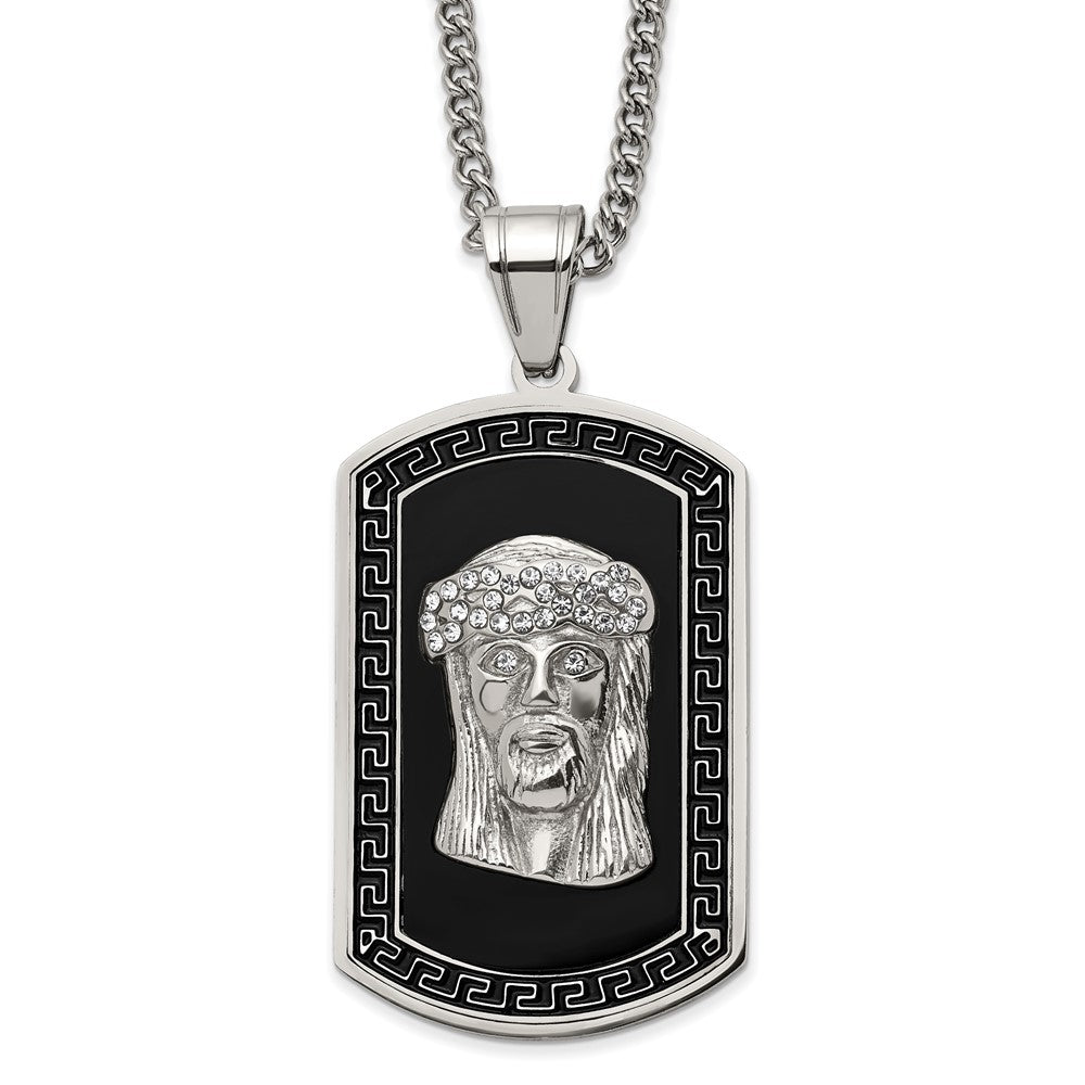 Stainless Steel, Black Enamel &amp; Crystal Jesus Dog Tag Necklace, 24 In, Item N23295 by The Black Bow Jewelry Co.