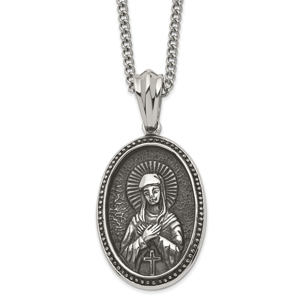 Stainless Steel Large Antiqued Our Lady of Guadalupe Necklace, 24 Inch, Item N23297 by The Black Bow Jewelry Co.