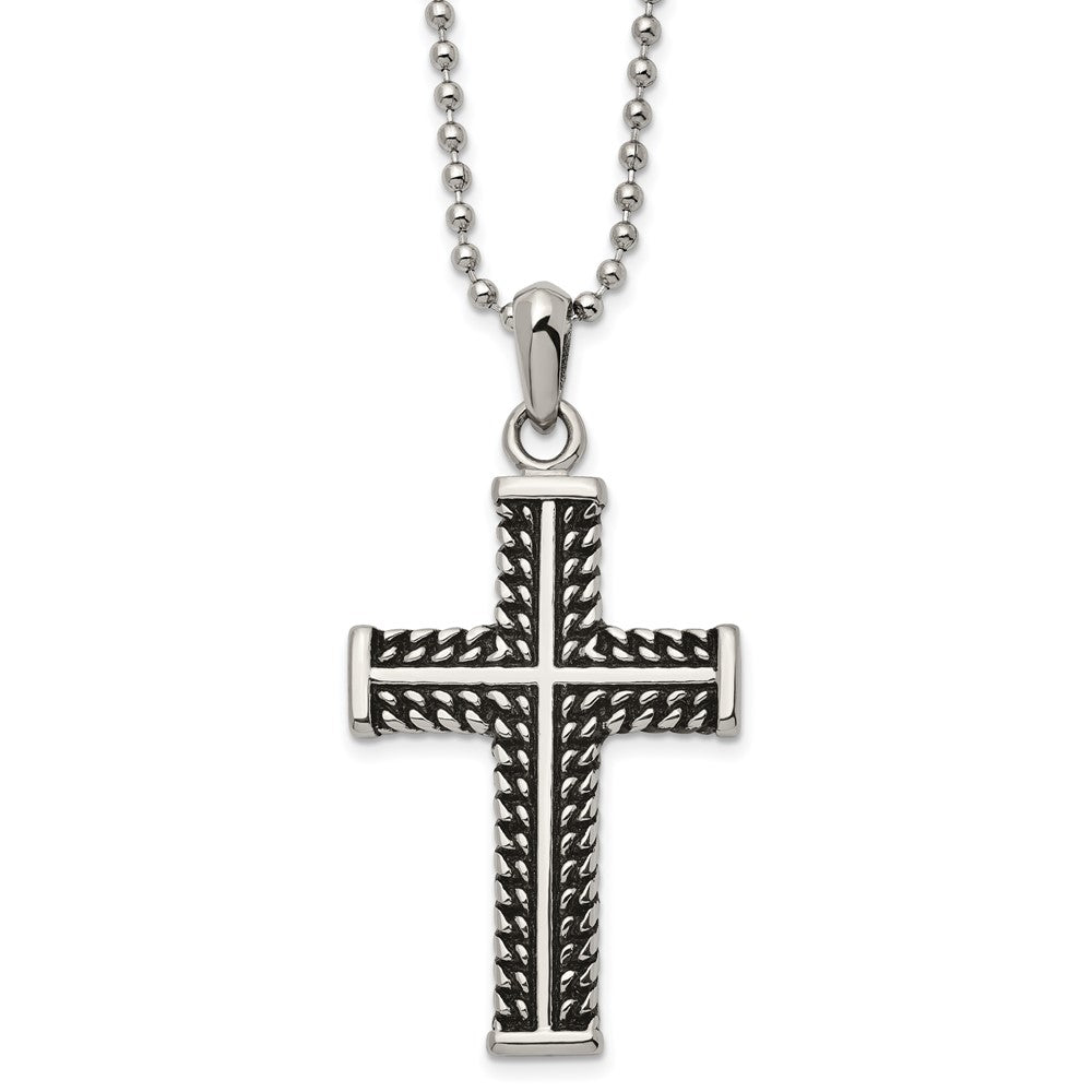 Men&#39;s Stainless Steel Antiqued and Polished Cross Necklace, 22 Inch, Item N23302 by The Black Bow Jewelry Co.