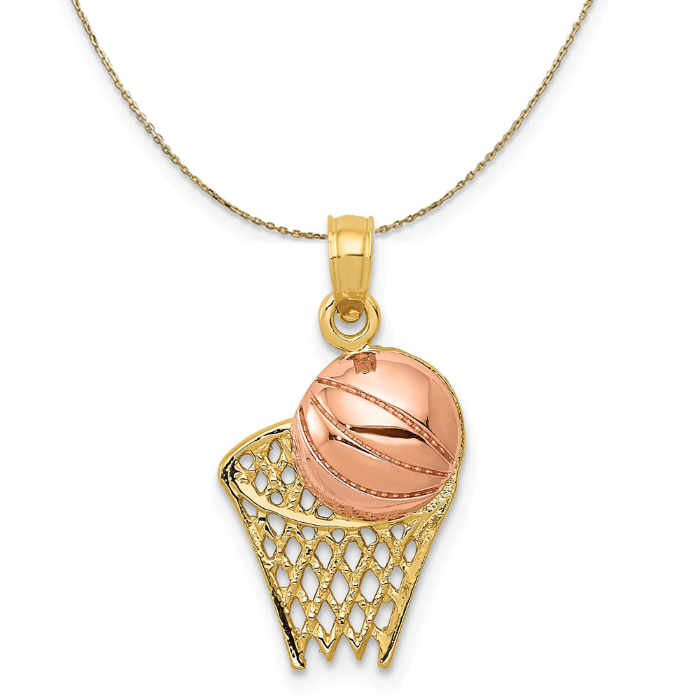 14k Yellow and Rose Gold Basketball Hoop and Ball Necklace, Item N23327 by The Black Bow Jewelry Co.