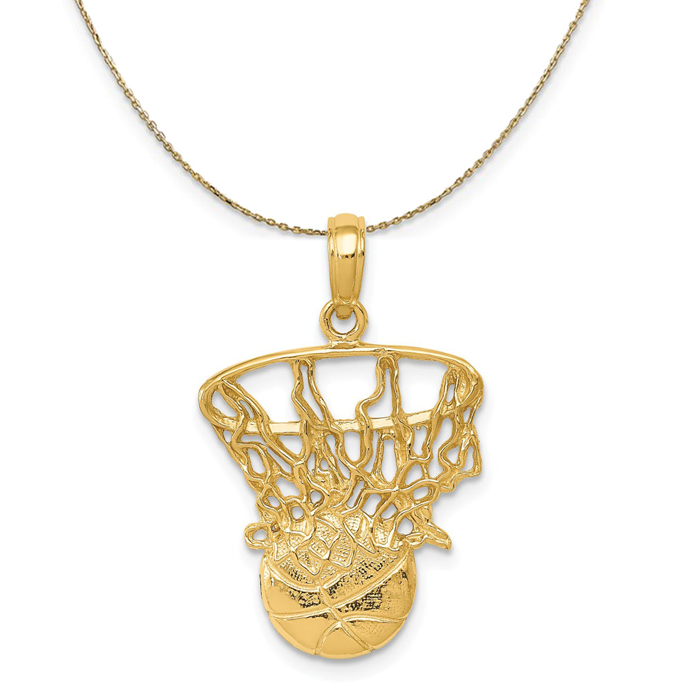 14k Yellow Gold Swoosh Basketball Through Net Necklace