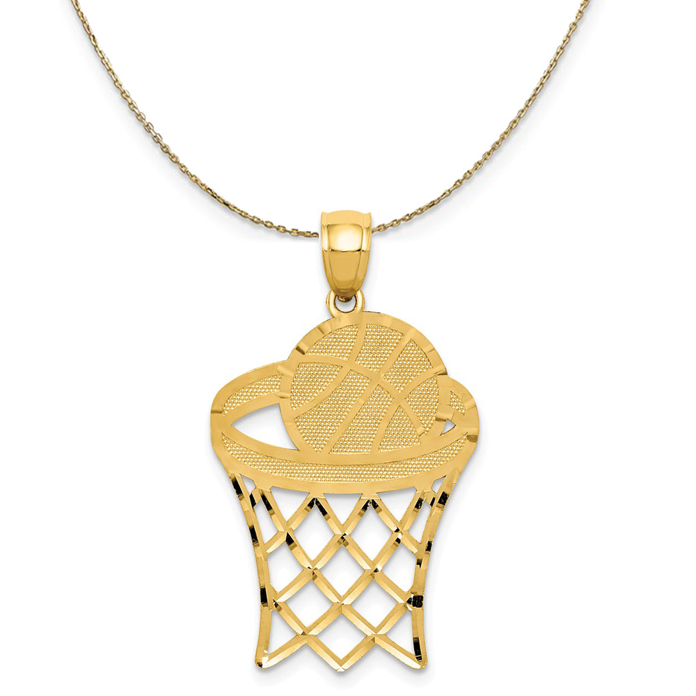 14k Yellow Gold LG Diamond Cut Basketball Hoop Ball Necklace, Item N23333 by The Black Bow Jewelry Co.
