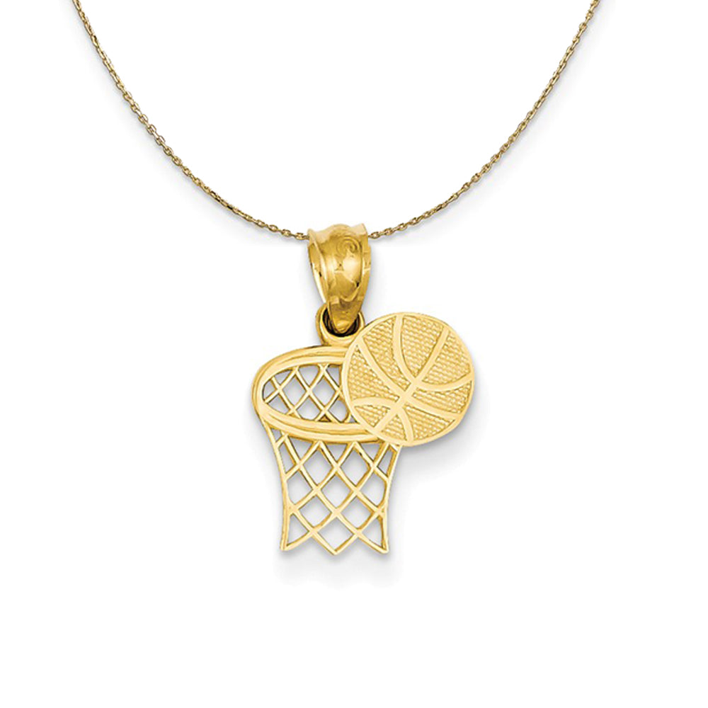 14k Yellow Gold Basketball Hoop and Textured Ball Necklace, Item N23338 by The Black Bow Jewelry Co.