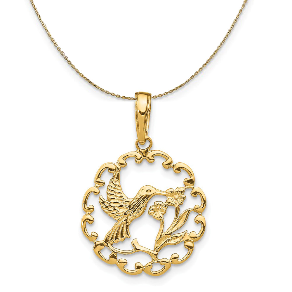 14k Yellow Gold 17mm Framed Hummingbird and Flower Necklace, Item N23474 by The Black Bow Jewelry Co.