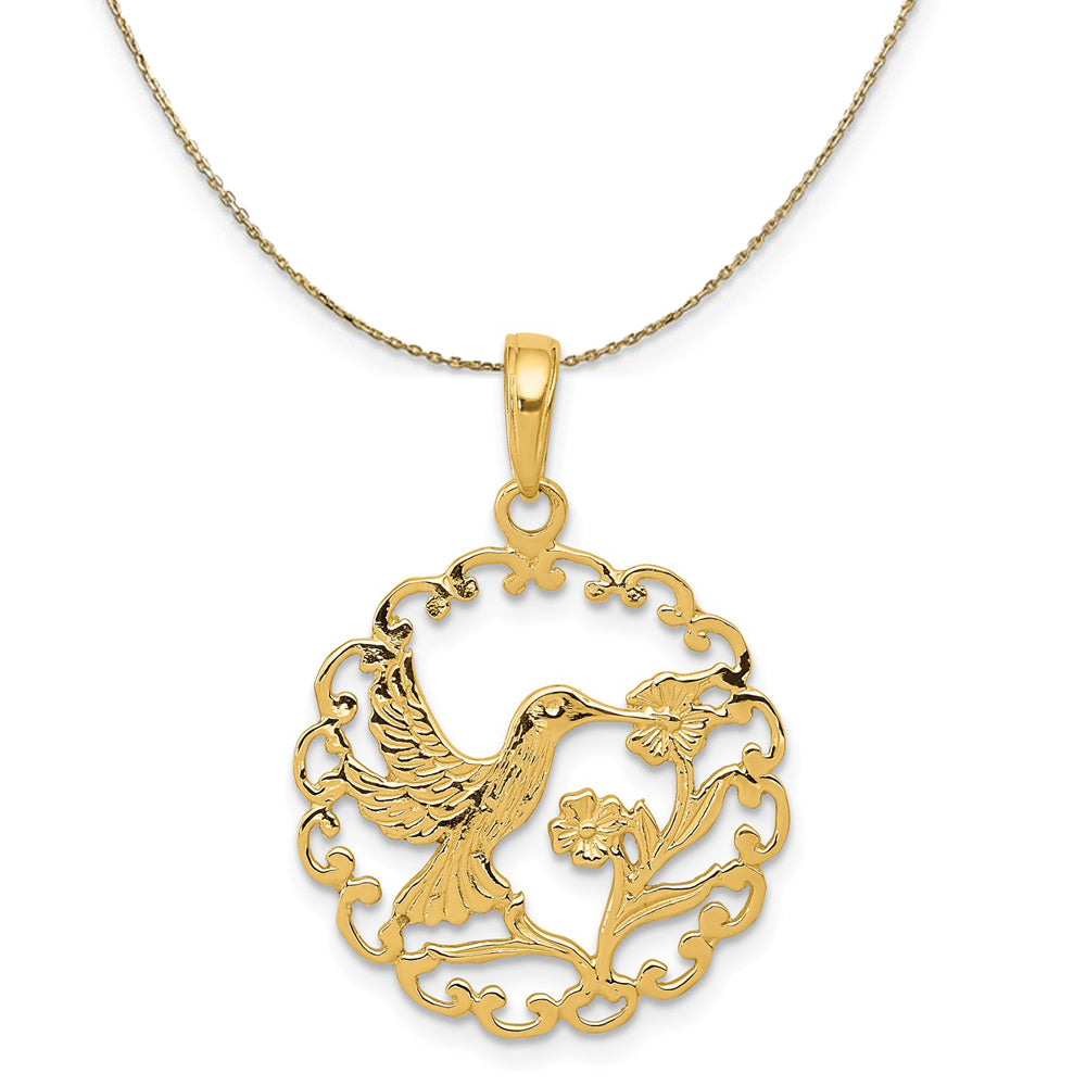 14k Yellow Gold 20mm Framed Hummingbird and Flower Necklace, Item N23475 by The Black Bow Jewelry Co.