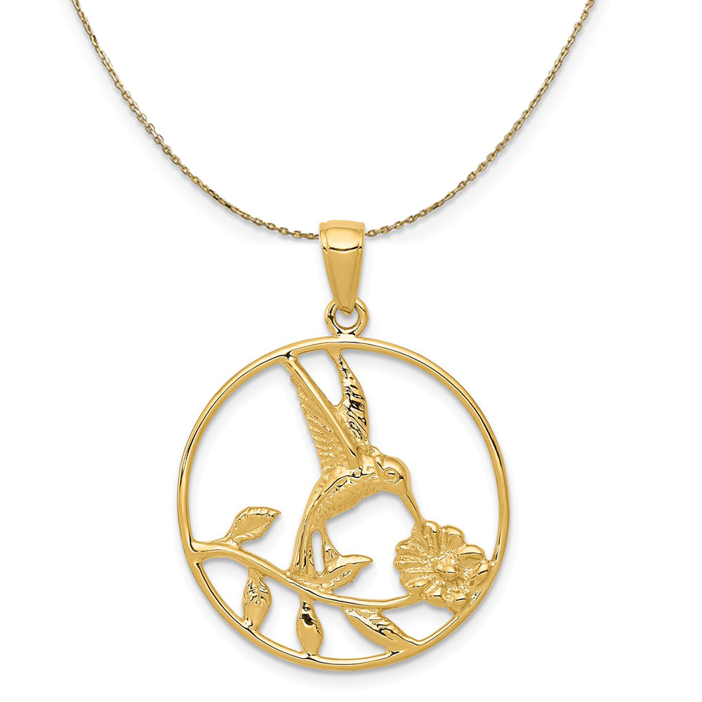 14k Yellow Gold 24mm Round Hummingbird and Flower Necklace, Item N23477 by The Black Bow Jewelry Co.