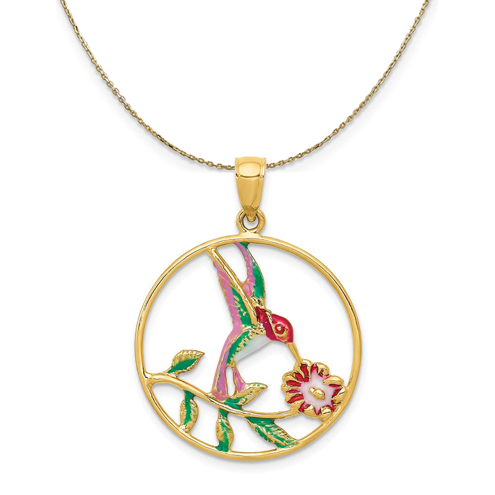 14k Yellow Gold &amp; Enamel Round Hummingbird &amp; Flower Necklace, Item N23478 by The Black Bow Jewelry Co.