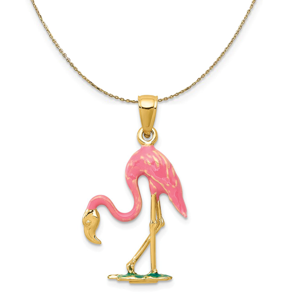 14k Yellow Gold and Enamel 3D Pink Flamingo Necklace, Item N23502 by The Black Bow Jewelry Co.