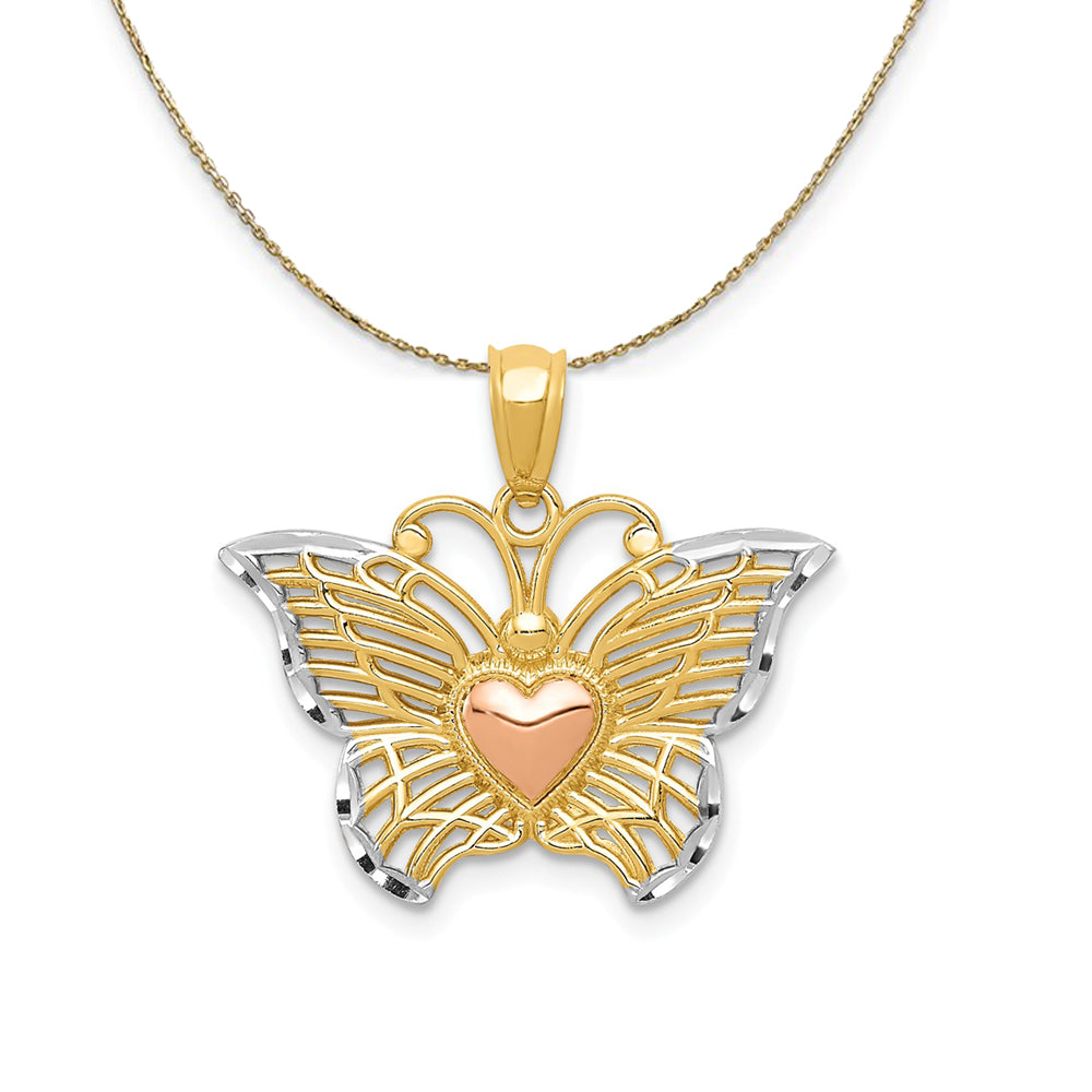 14k Yellow &amp; Rose Gold Rhodium 22mm Butterfly Heart Necklace, Item N23515 by The Black Bow Jewelry Co.