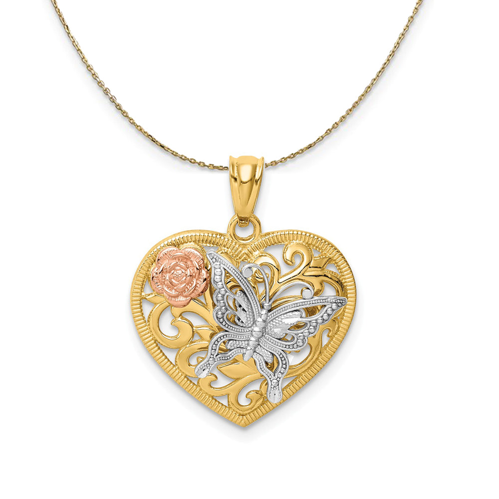 14k Yellow &amp; Rose Gold Rhodium 19mm Heart Butterfly Necklace, Item N23530 by The Black Bow Jewelry Co.