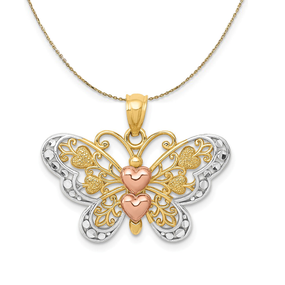 14k Yellow &amp; Rose Gold Rhodium 25mm Heart Butterfly Necklace, Item N23534 by The Black Bow Jewelry Co.