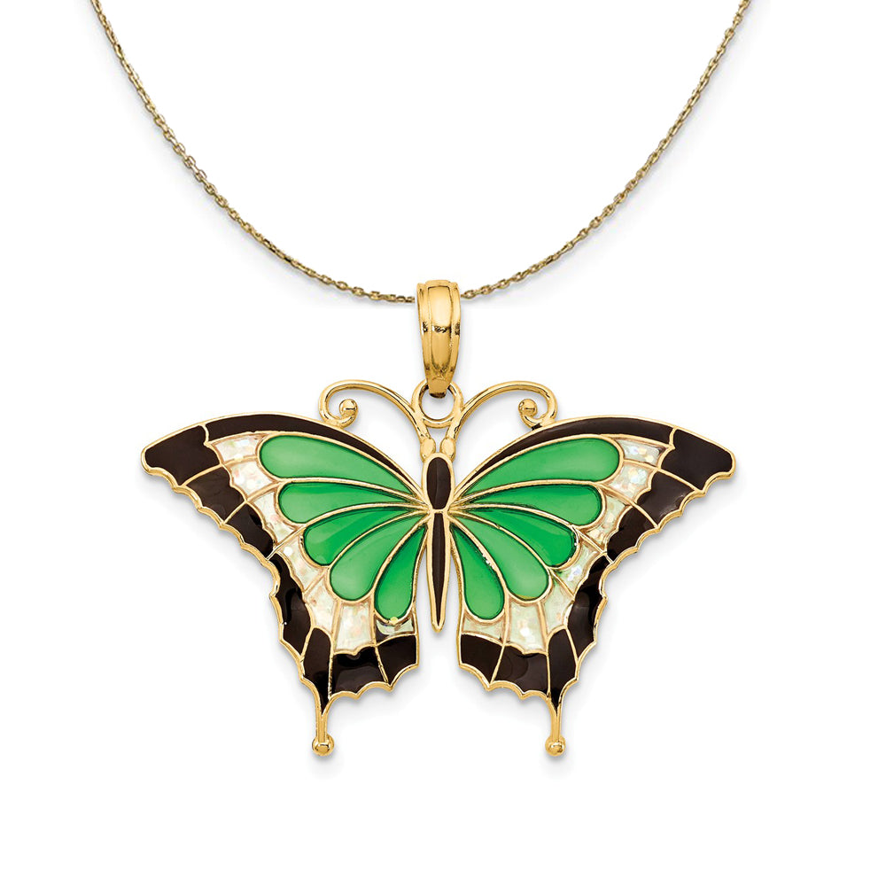 14k Yellow Gold &amp; Green Clear Acrylic Butterfly Necklace, Item N23539 by The Black Bow Jewelry Co.