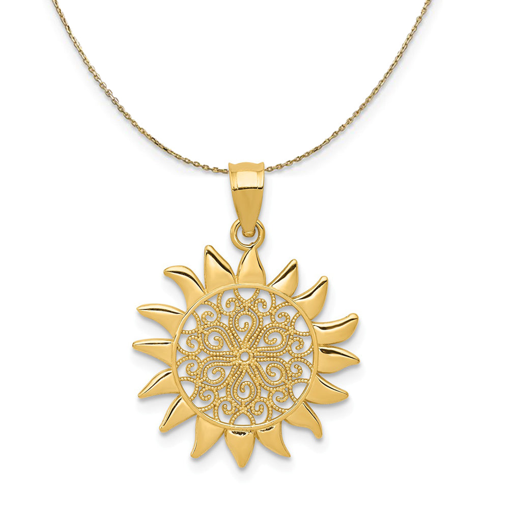 14k Yellow Gold 17mm Filigree Sun Necklace, Item N23618 by The Black Bow Jewelry Co.