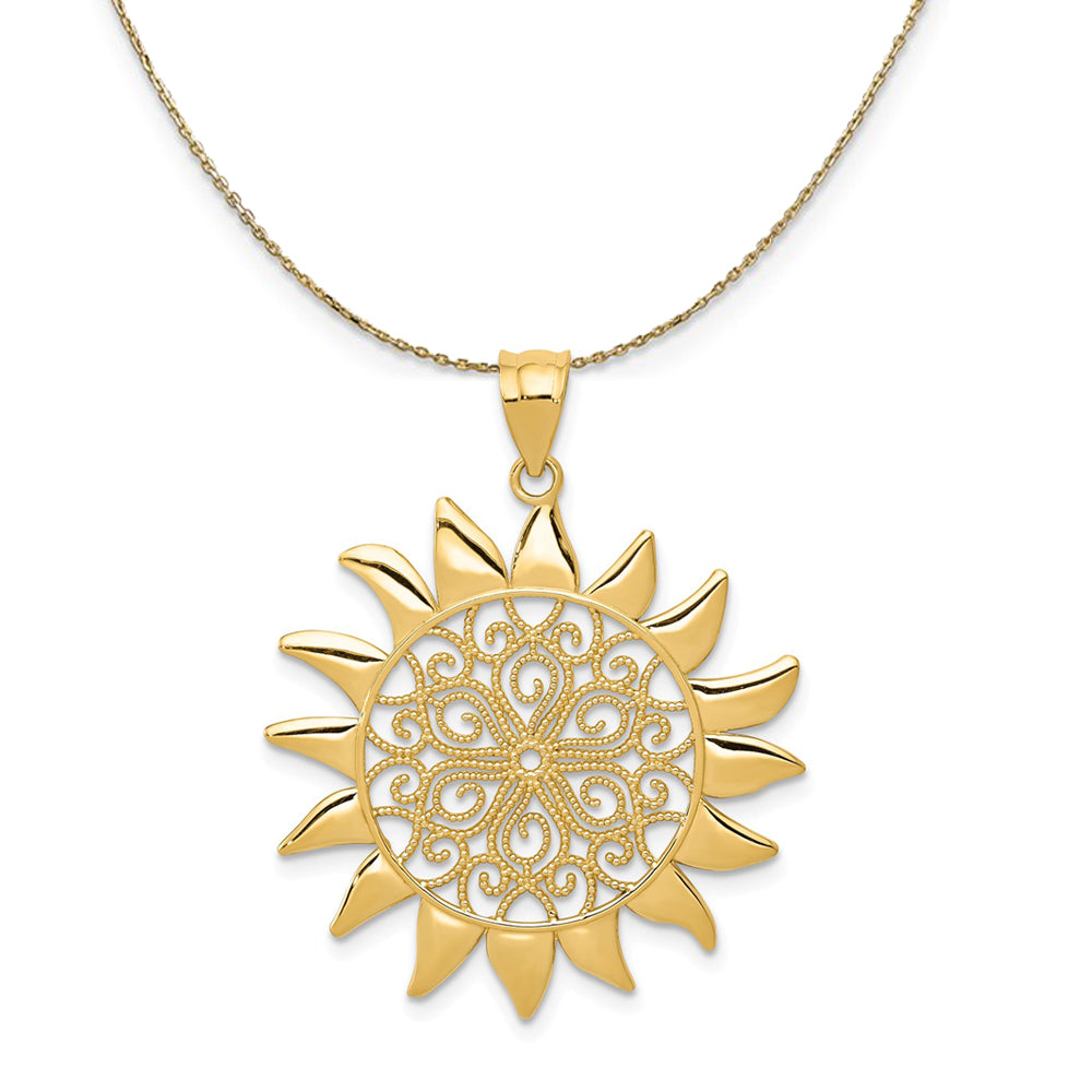 14k Yellow Gold 27mm Filigree Sun Necklace, Item N23623 by The Black Bow Jewelry Co.