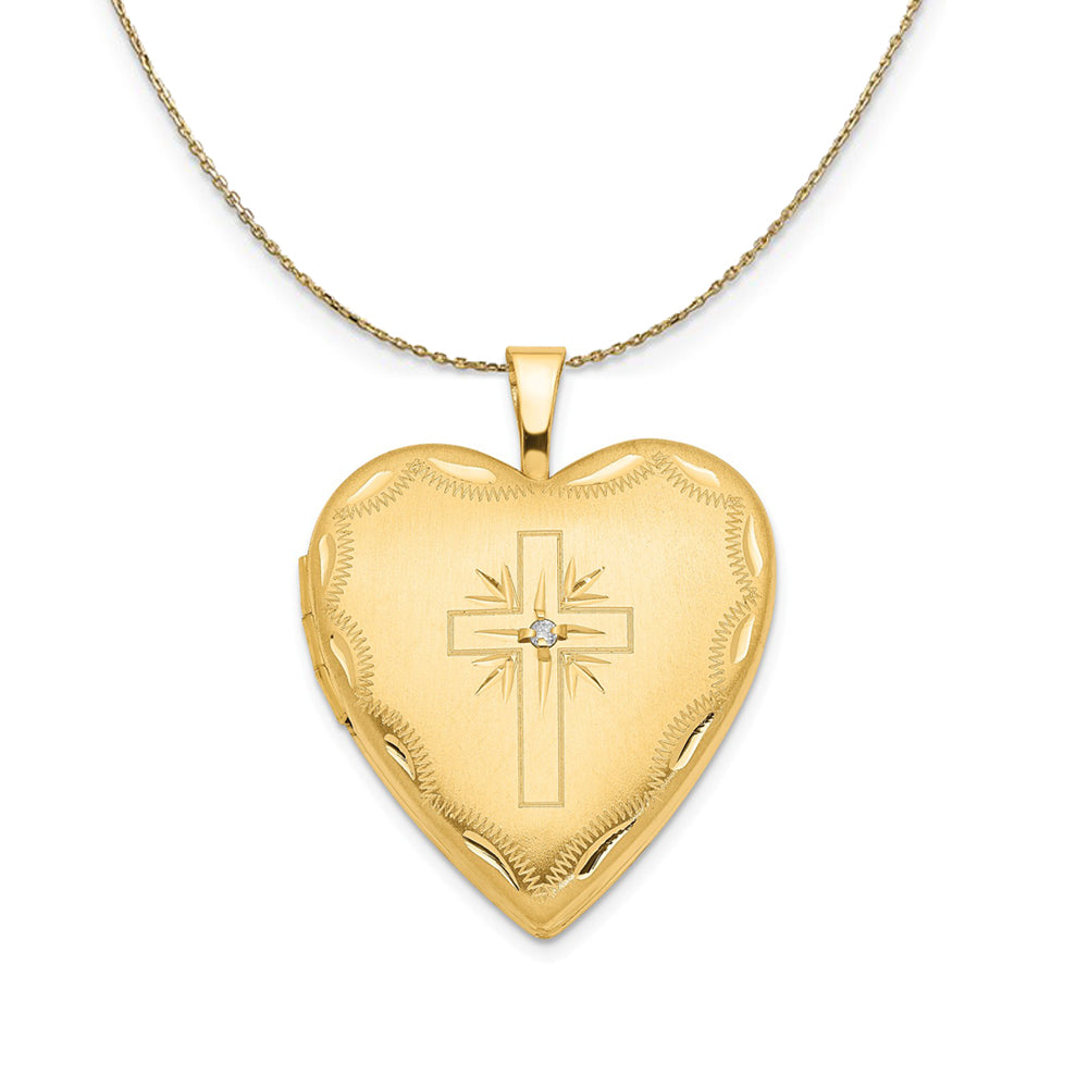 14k Yellow Gold 20mm Heart Cross Locket w Diamond Necklace, Item N23643 by The Black Bow Jewelry Co.