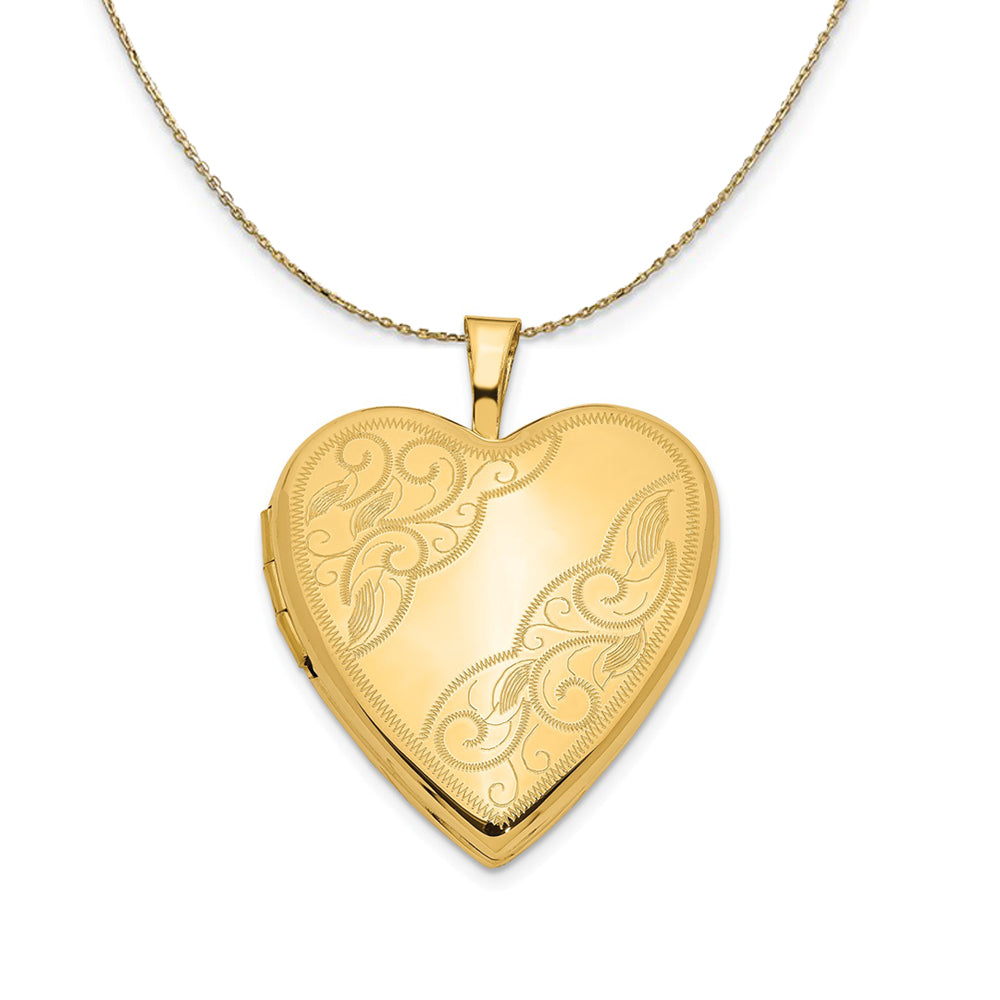 14k Yellow Gold 20mm Swirl Etched Heart Locket Necklace, Item N23646 by The Black Bow Jewelry Co.