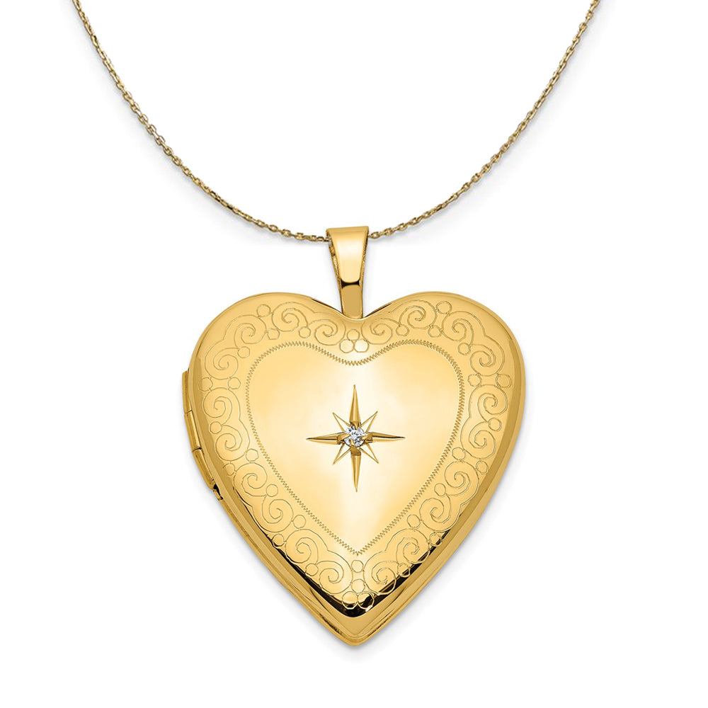 14k Yellow Gold 20mm Textured Diamond Heart Locket Necklace, Item N23648 by The Black Bow Jewelry Co.