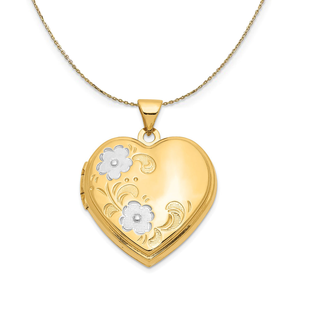 14k Yellow Gold &amp; Rhodium 21mm Floral Heart Locket Necklace, Item N23661 by The Black Bow Jewelry Co.