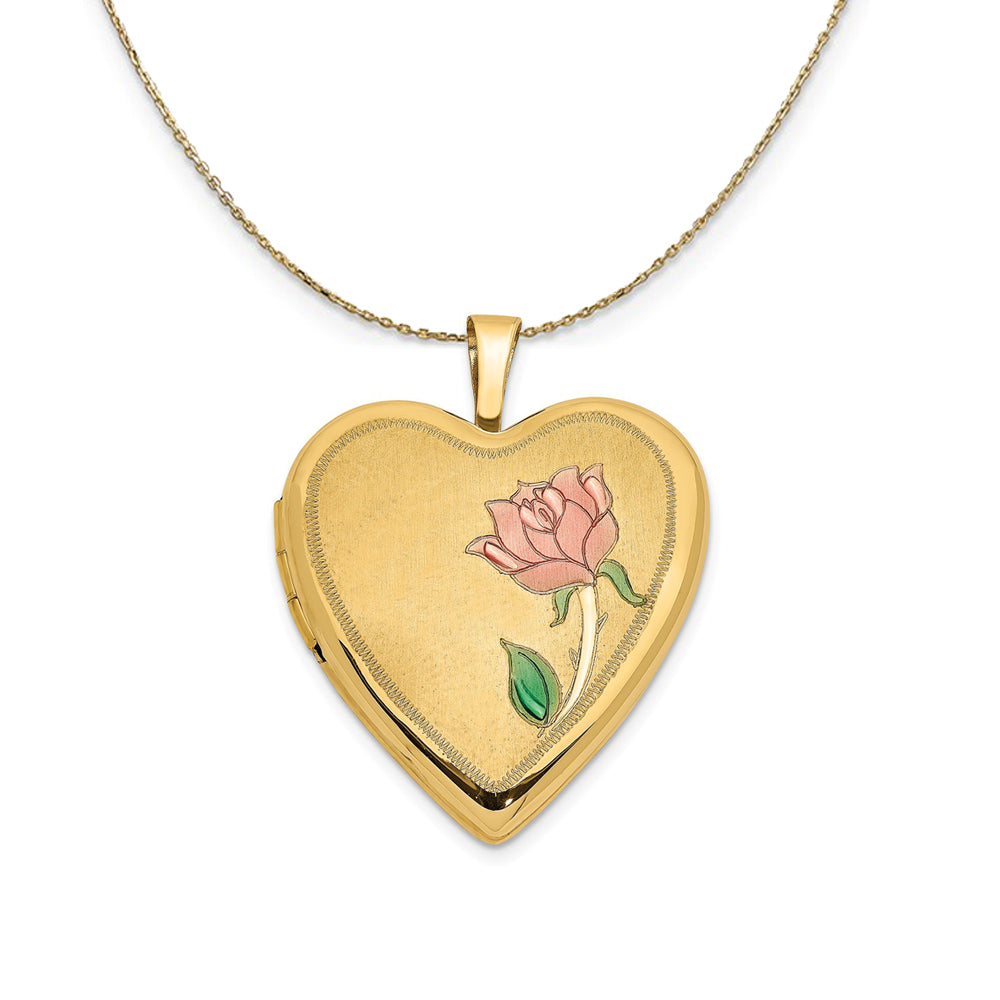 14k Yellow Gold and Enamel Rose Heart Locket, 20mm Necklace, Item N23662 by The Black Bow Jewelry Co.