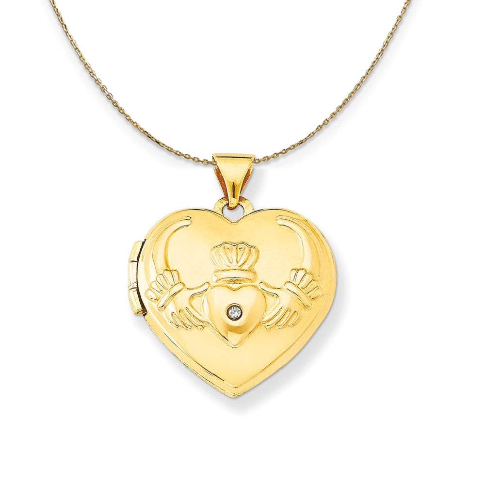 14k Yellow Gold Heart Shape Diamond Claddagh Locket Necklace, Item N23664 by The Black Bow Jewelry Co.