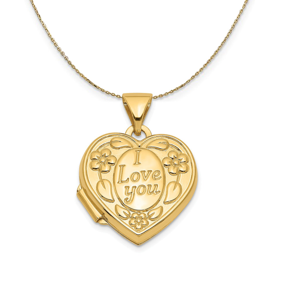 14k Yellow Gold 15mm I Love You Floral Heart Locket Necklace, Item N23665 by The Black Bow Jewelry Co.