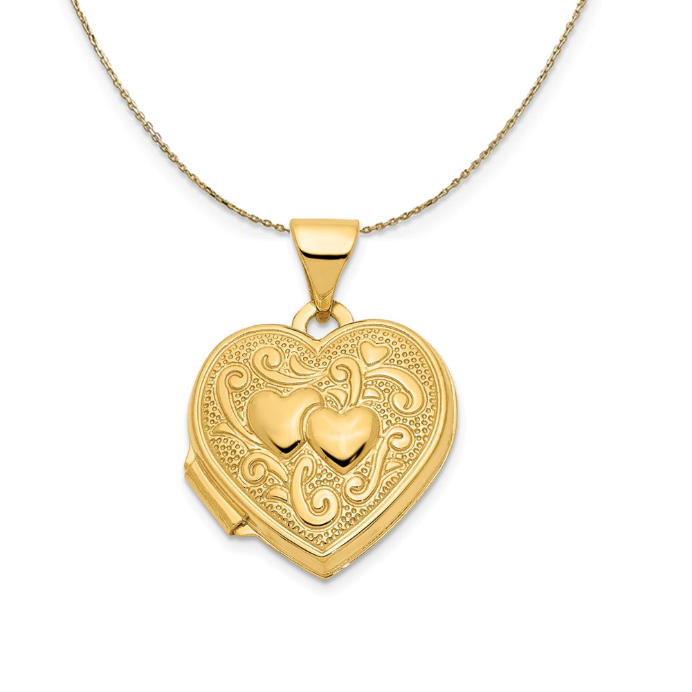 14k Yellow Gold 15mm Double Heart Shaped Locket Necklace, Item N23675 by The Black Bow Jewelry Co.