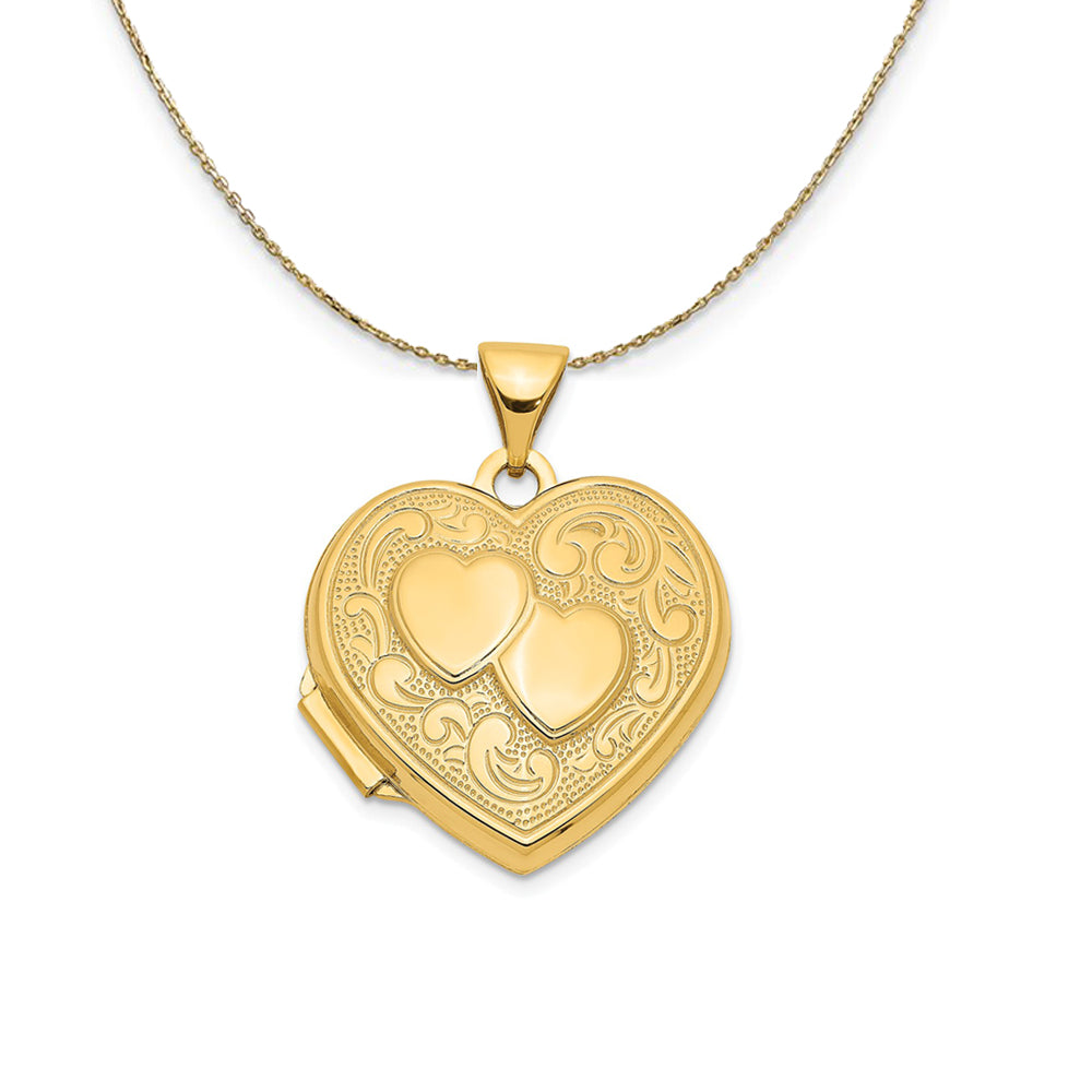 14k Yellow Gold 18mm Double Heart Shaped Locket Necklace, Item N23676 by The Black Bow Jewelry Co.