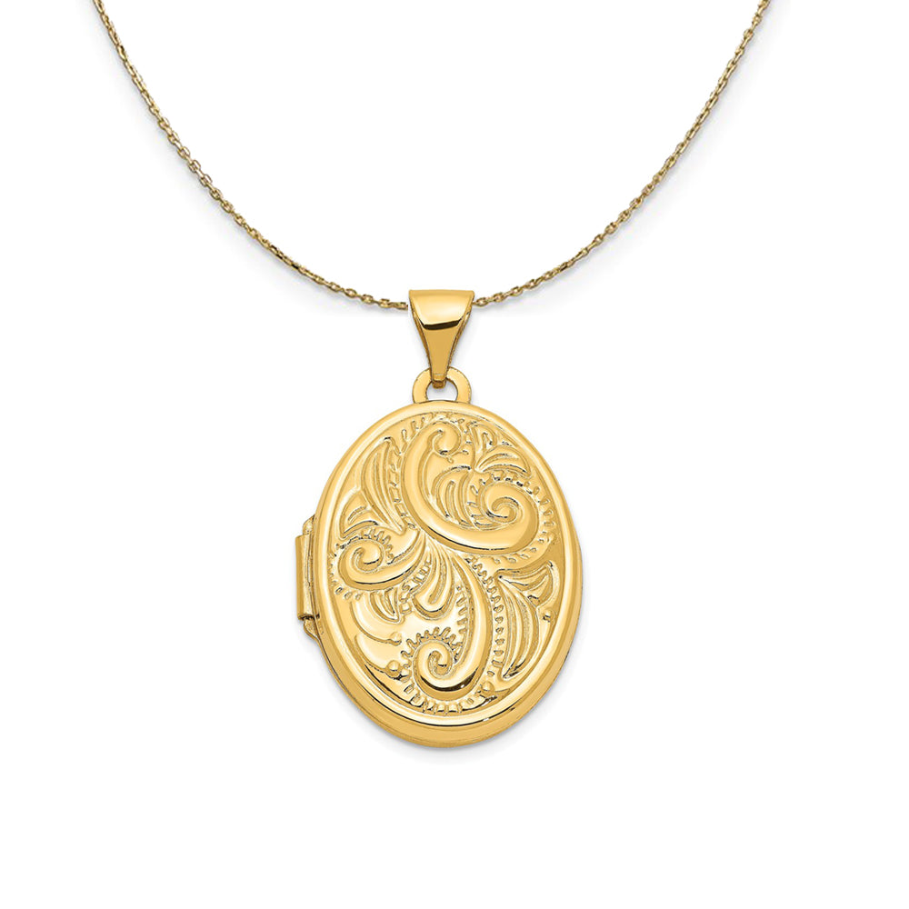 14k Yellow Gold 21mm Domed Scroll Oval Locket Necklace, Item N23684 by The Black Bow Jewelry Co.