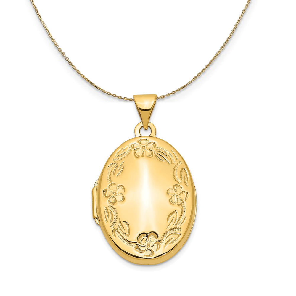 14k Yellow Gold 21mm Hand Engraved Floral Oval Locket Necklace, Item N23685 by The Black Bow Jewelry Co.