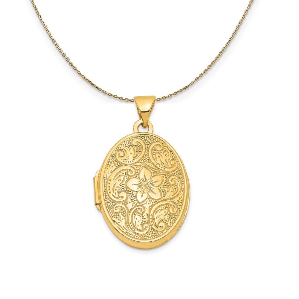 14k Yellow Gold 21mm Scrolled Floral Locket Necklace, Item N23688 by The Black Bow Jewelry Co.