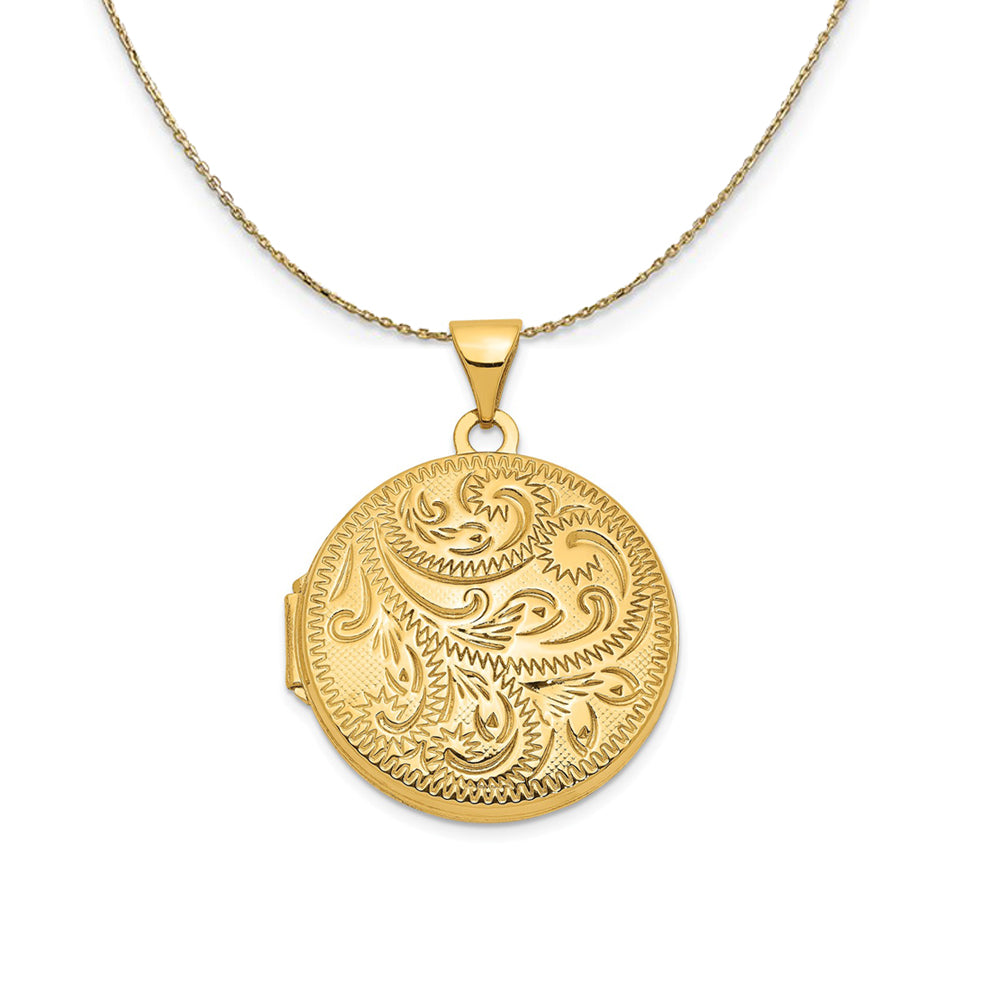 14k Yellow Gold 20mm Round Engraved Scroll Locket Necklace, Item N23691 by The Black Bow Jewelry Co.