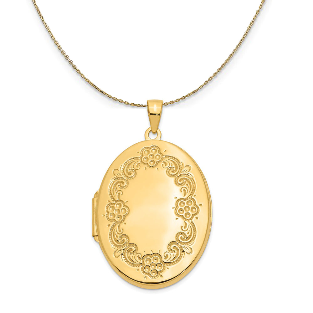 14k Yellow Gold 32mm Floral Border Oval Locket Necklace, Item N23694 by The Black Bow Jewelry Co.
