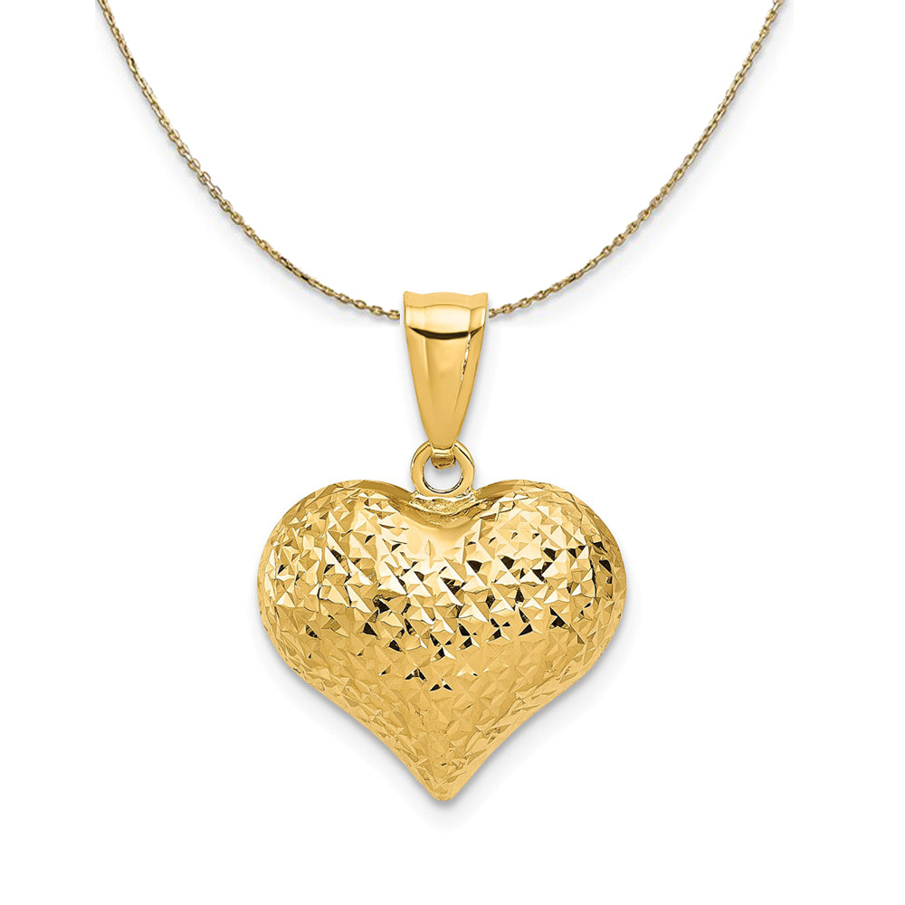 14k Yellow Gold Semi Solid Diamond Cut Puffed Heart Necklace, Item N23721 by The Black Bow Jewelry Co.