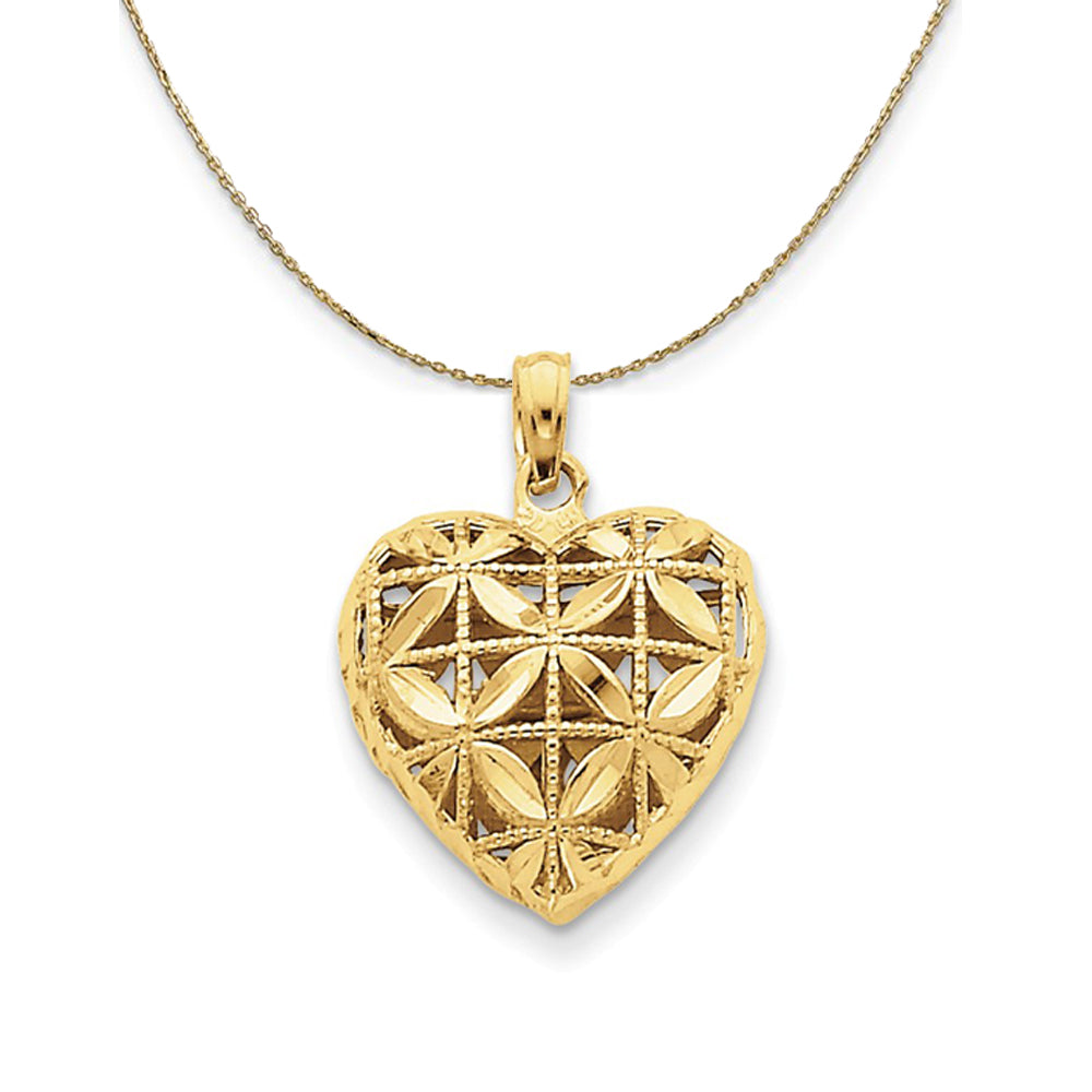 14k Yellow Gold Diamond Cut Open Puffed Heart Necklace, Item N23730 by The Black Bow Jewelry Co.