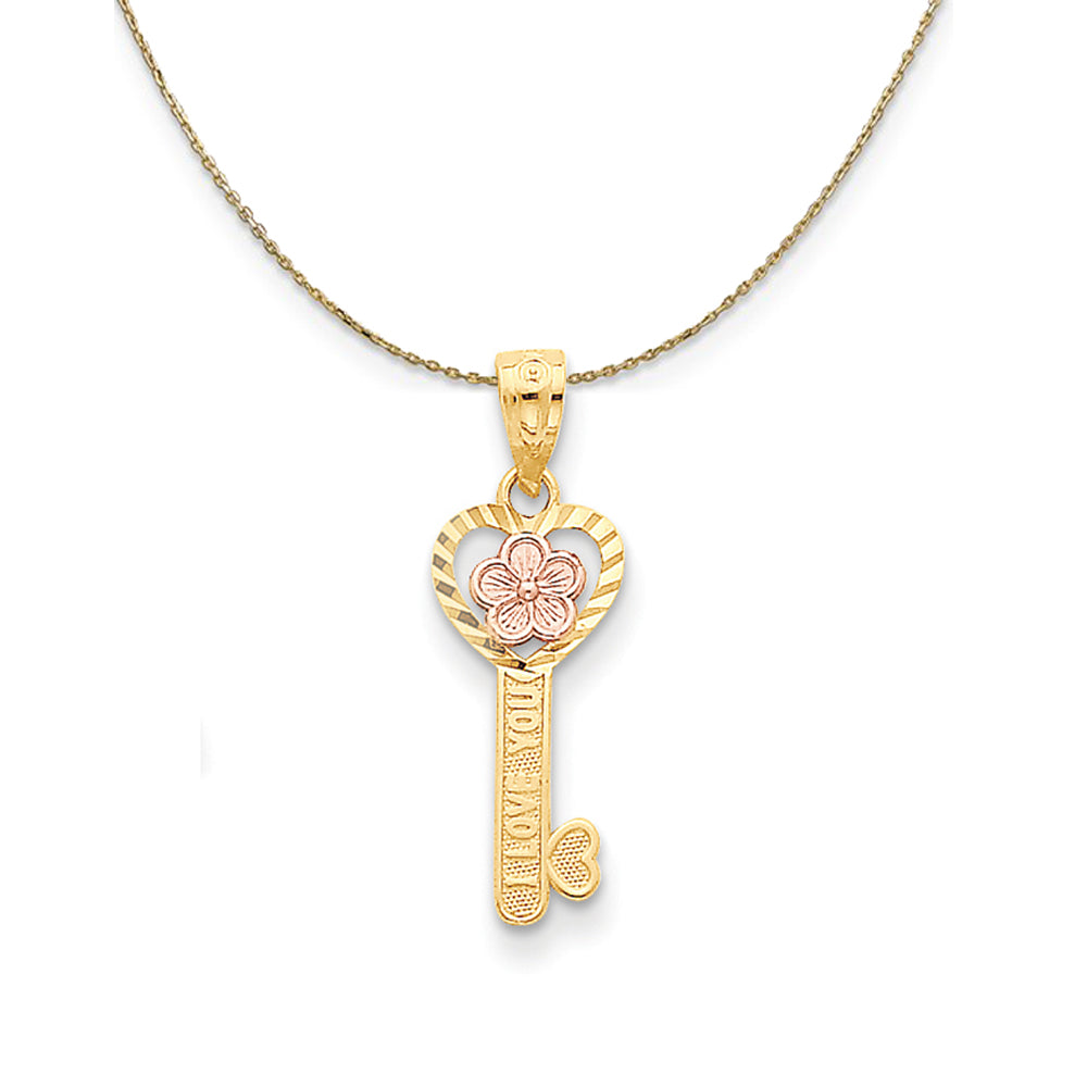 14k Two Tone Gold I Love You Heart with Flower Key Necklace, Item N23763 by The Black Bow Jewelry Co.