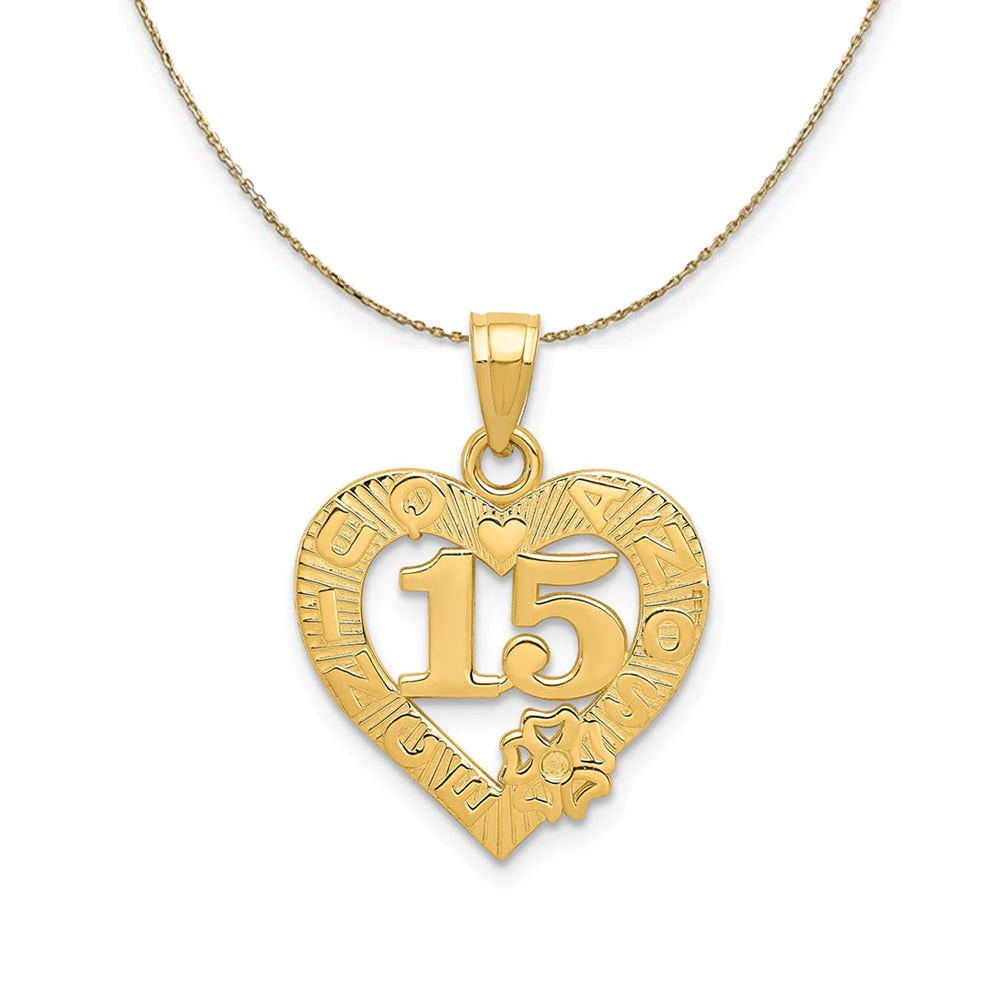 14k Yellow Gold 15 Inside Quince Anos Heart Frame Necklace, Item N23958 by The Black Bow Jewelry Co.