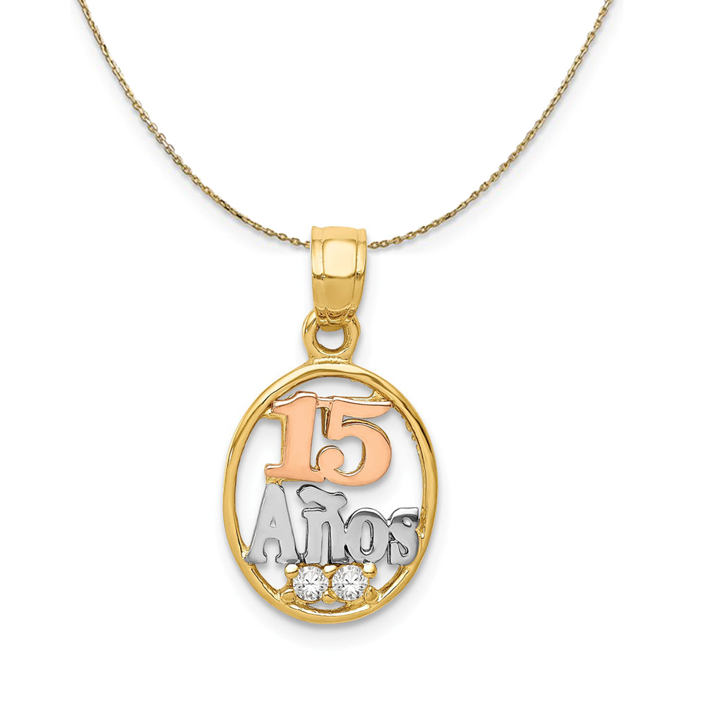 14k Two Tone Gold, Rhodium & CZ Number 15 Anos, 11mm Necklace, Item N23969 by The Black Bow Jewelry Co.