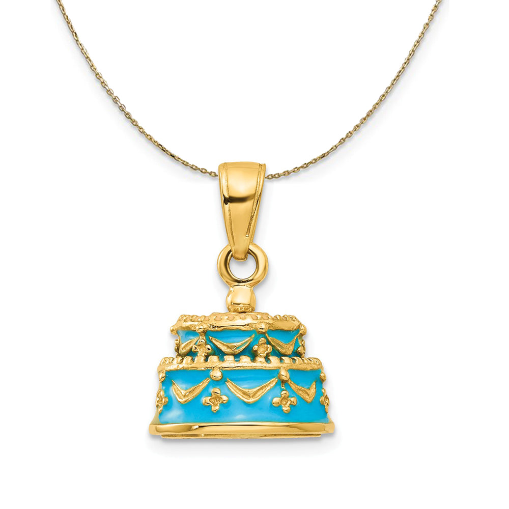 14k Yellow Gold Blue Enamel Happy Birthday Cake Necklace, Item N23990 by The Black Bow Jewelry Co.