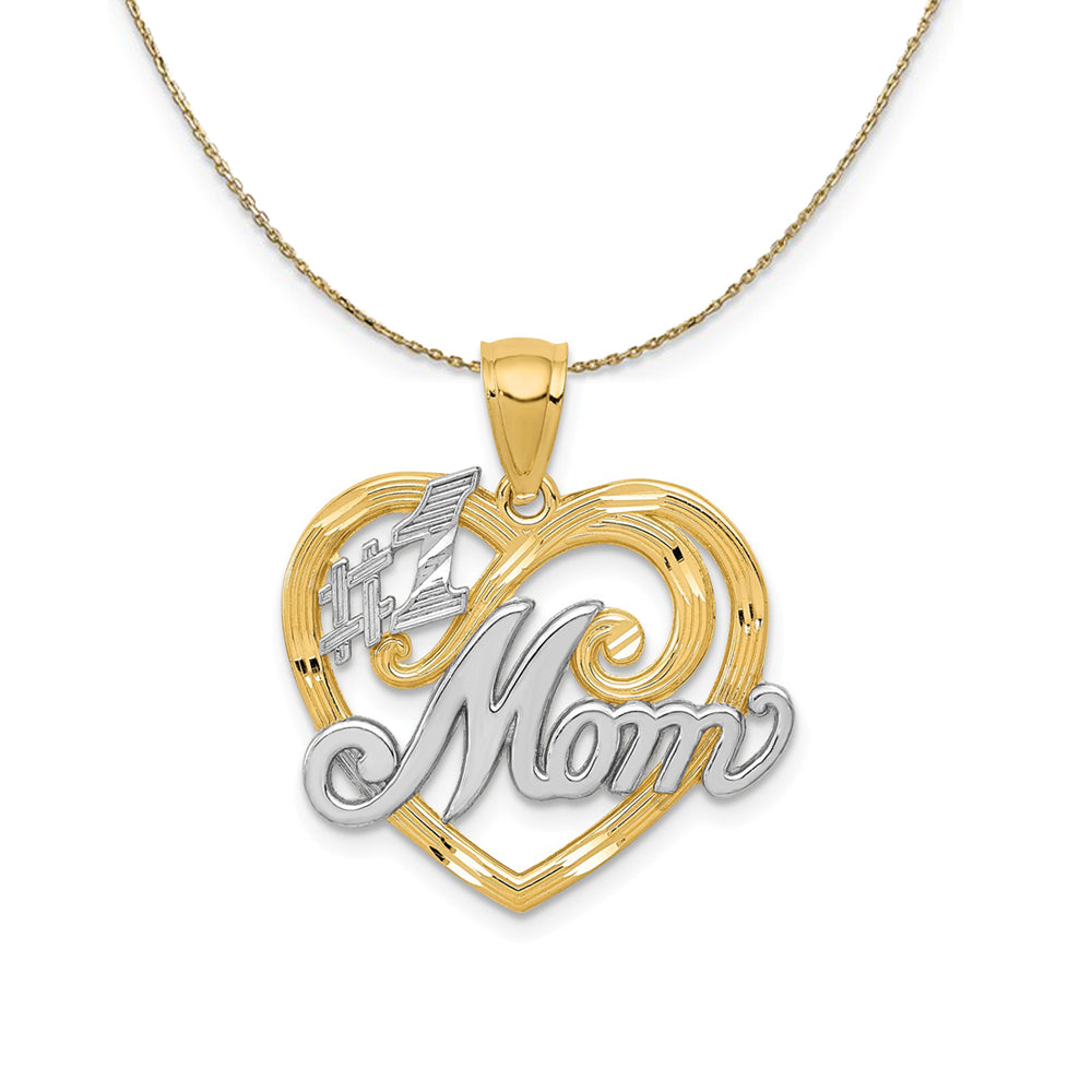 14k Yellow Gold and Rhodium #1 Mom Heart (21mm) Necklace, Item N24013 by The Black Bow Jewelry Co.