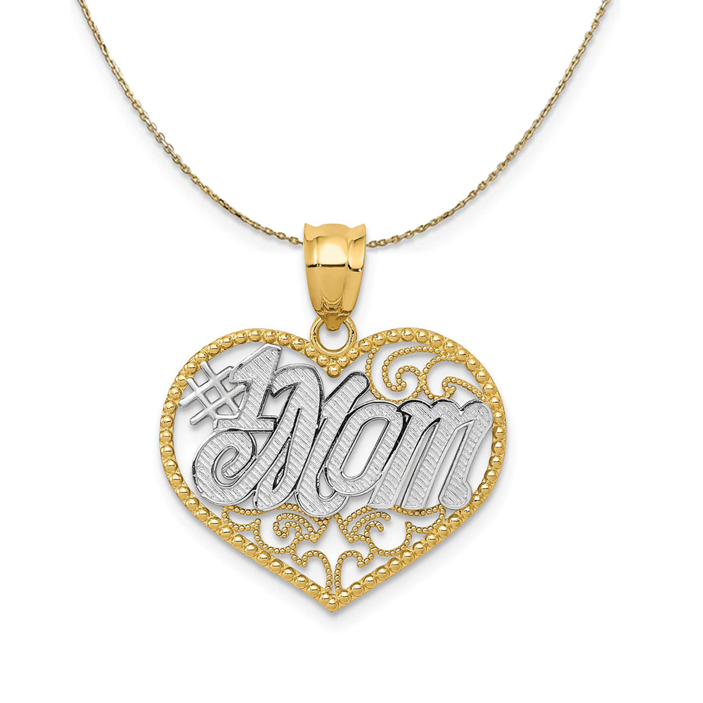 14k Yellow Gold and Rhodium Filigree #1 Mom Heart Necklace, Item N24015 by The Black Bow Jewelry Co.