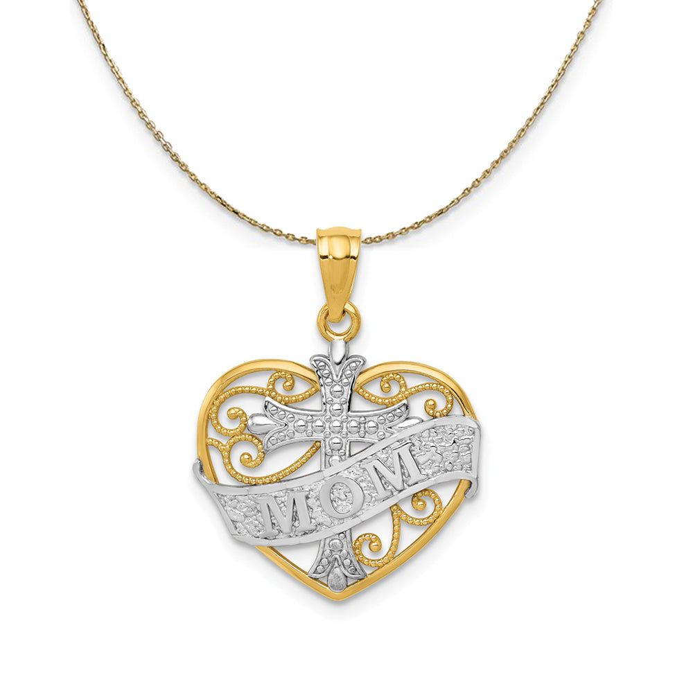 14k Yellow Gold and Rhodium Mom and Cross Heart, 17mm Necklace, Item N24022 by The Black Bow Jewelry Co.