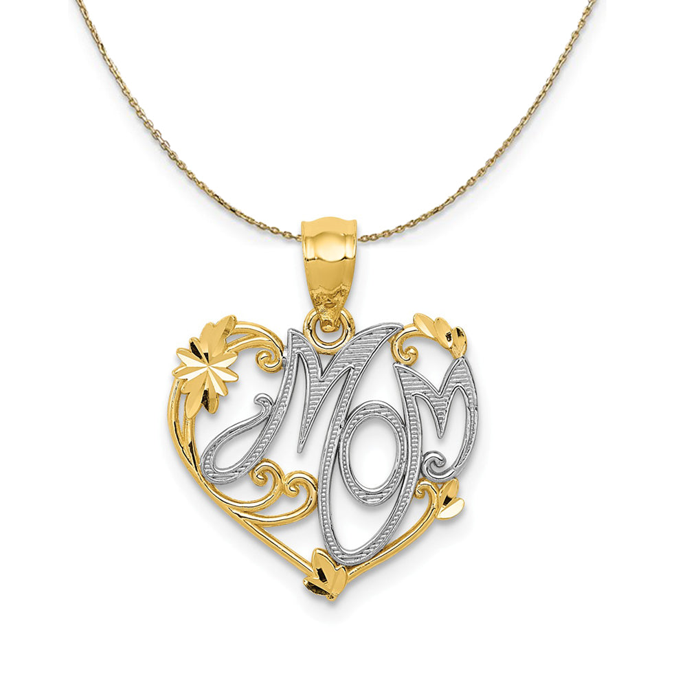 14k Yellow Gold and Rhodium Mom Floral Heart Necklace, Item N24024 by The Black Bow Jewelry Co.