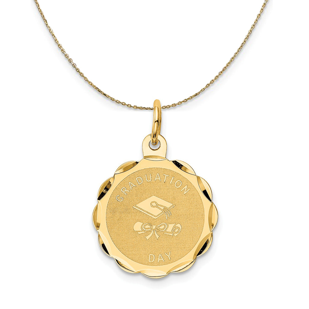 14k Yellow Gold Graduation Day Brocaded Disc Necklace