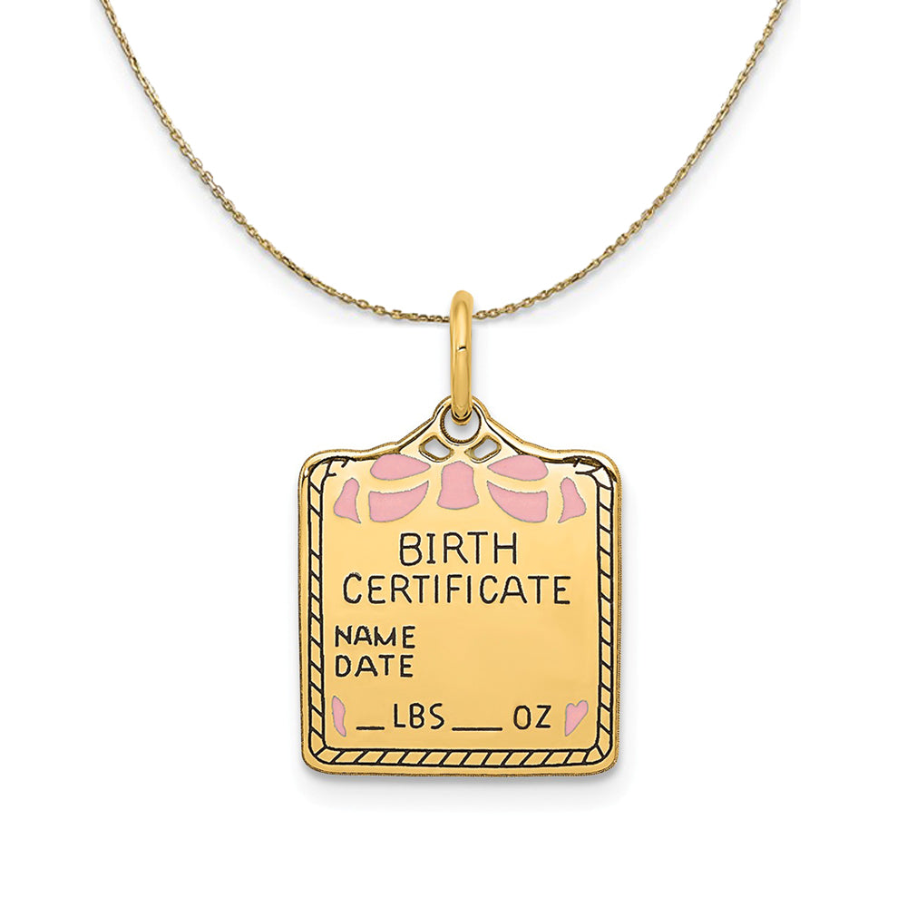 14k Yellow Gold Pink Enamel Birth Certificate (15m) Necklace, Item N24199 by The Black Bow Jewelry Co.