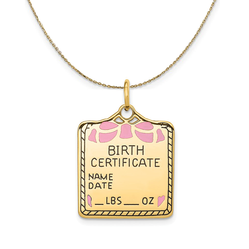 14k Yellow Gold Pink Enamel Birth Certificate (21m) Necklace, Item N24200 by The Black Bow Jewelry Co.